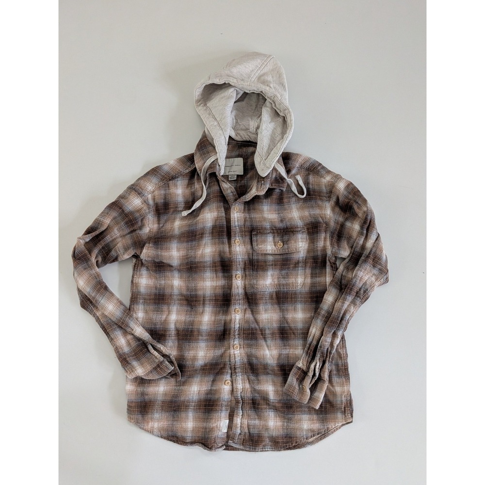 American Eagle Super Soft Flannel Hooded Shirt Brown Plaid Mens XS Detachable